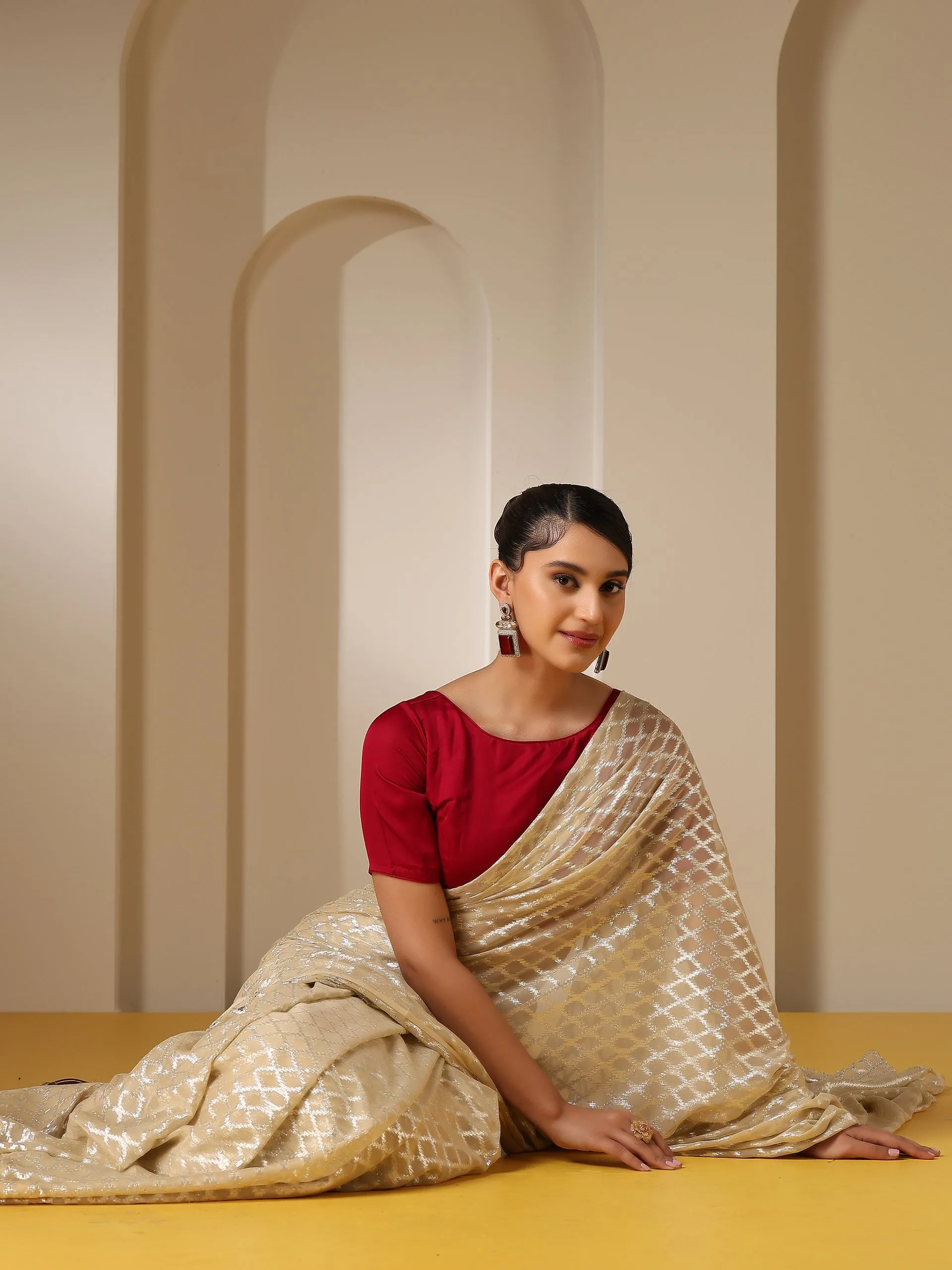 Temple Cream Jaal Chiffon Saree with Red Blouse Fabric