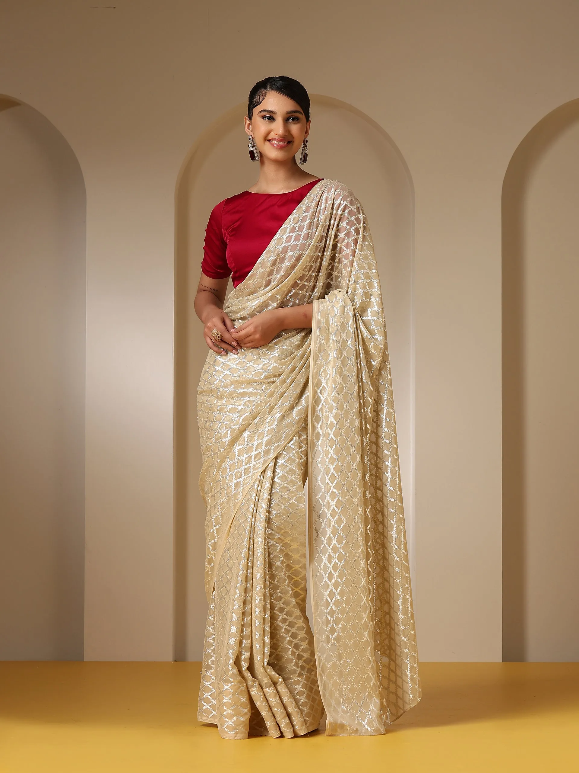Temple Cream Jaal Chiffon Saree with Red Blouse Fabric