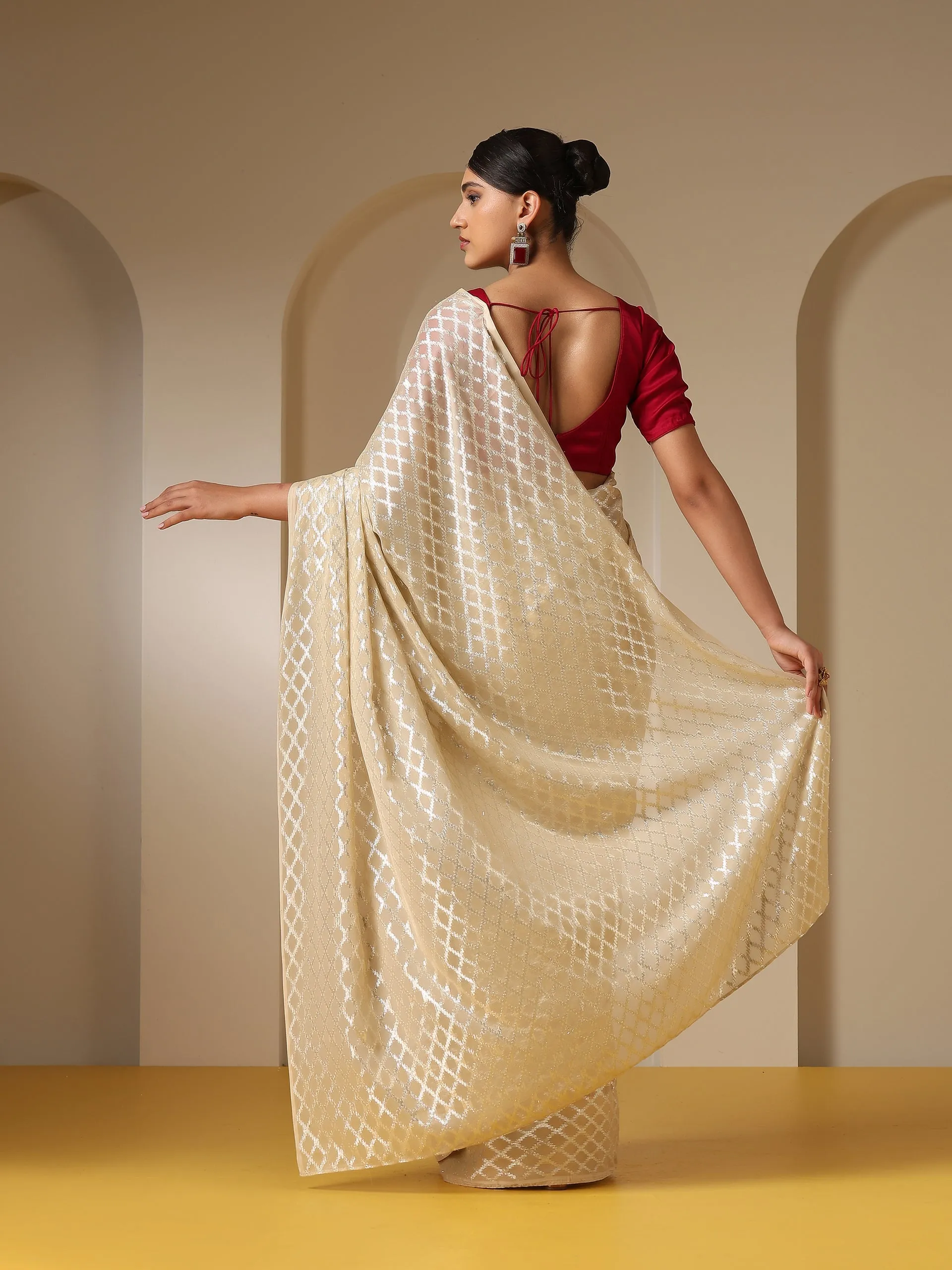 Temple Cream Jaal Chiffon Saree with Red Blouse Fabric