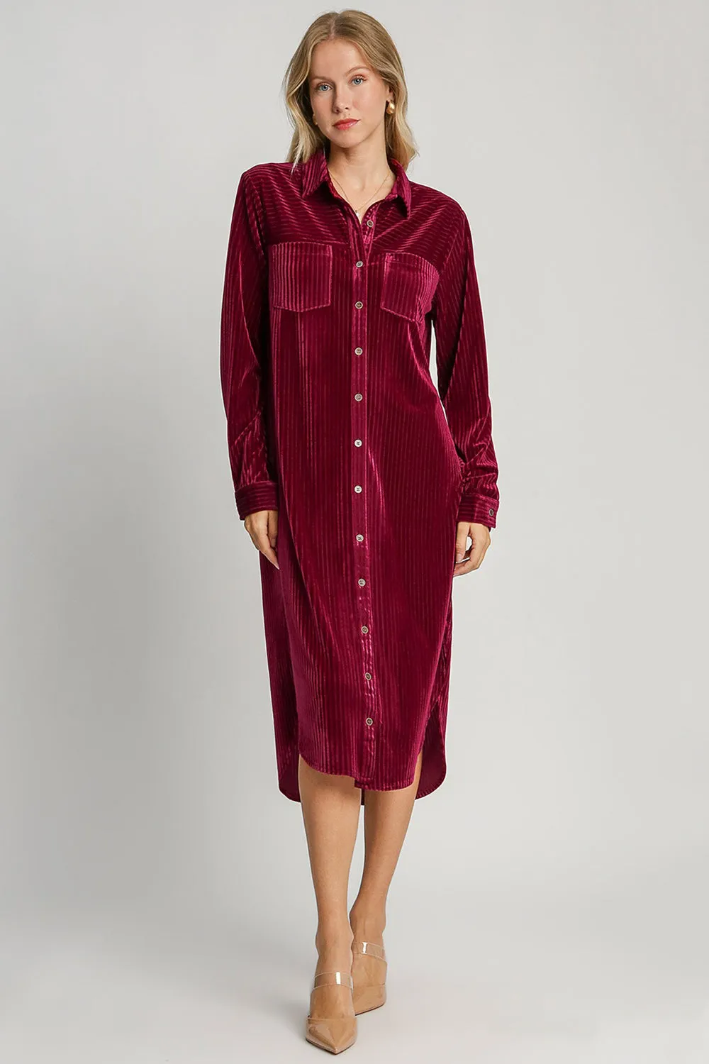 Texture Curved Hem Button Down Shirt Dress
