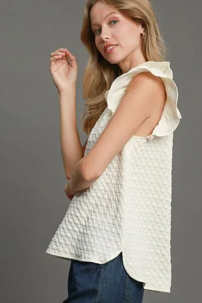 Textured Jacquard V-Neck Ruffle Cap Sleeve Blouse