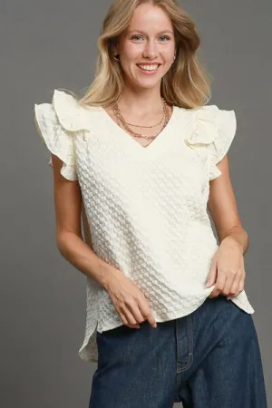 Textured Jacquard V-Neck Ruffle Cap Sleeve Blouse