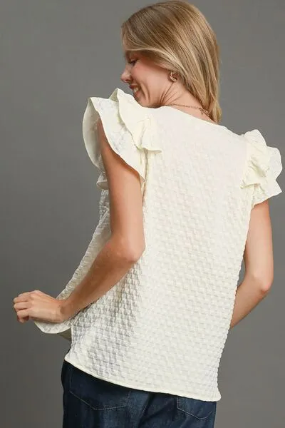 Textured Jacquard V-Neck Ruffle Cap Sleeve Blouse