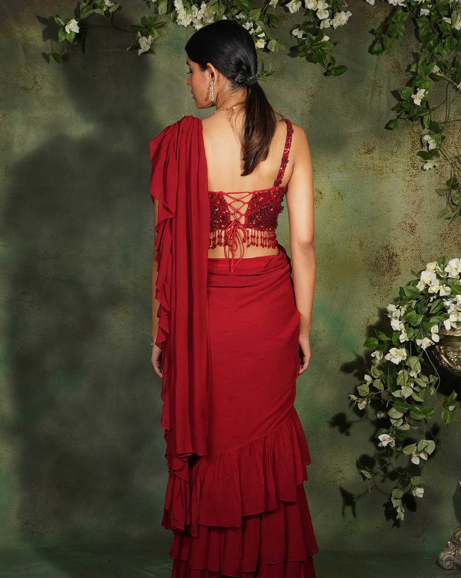 The Floral Maroon Ruffle Sari