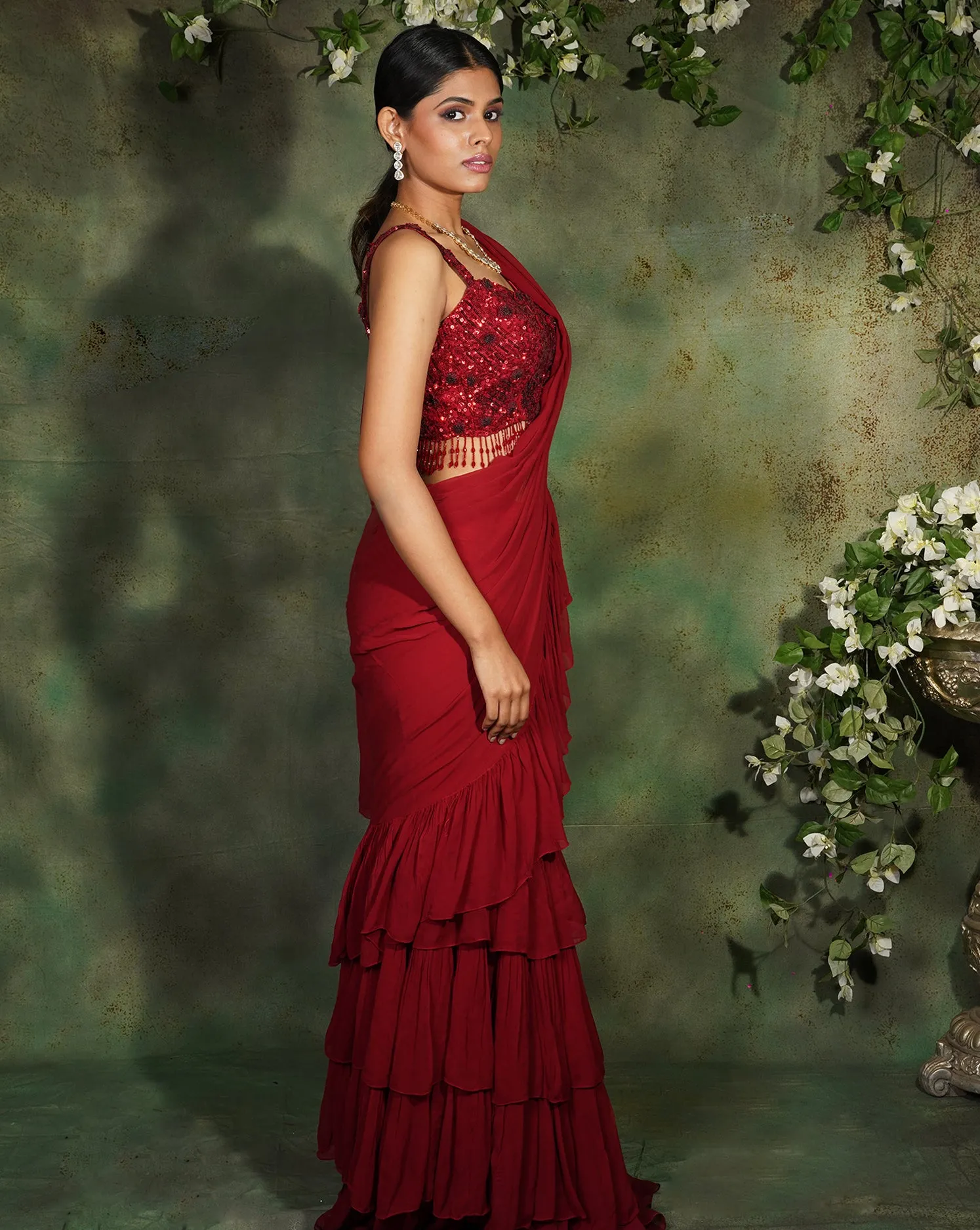The Floral Maroon Ruffle Sari