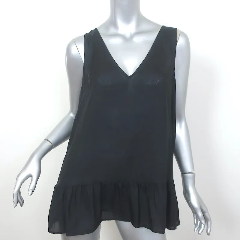 THE GREAT Ruffle Hem Tank Top Black Silk Size 2 Sleeveless V-Neck Blouse