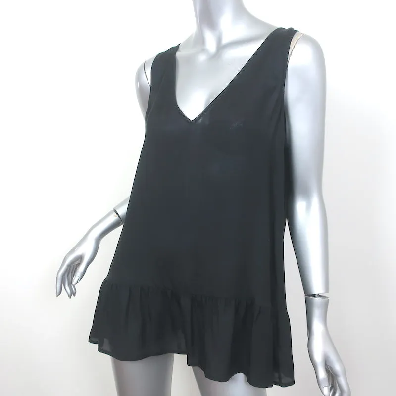 THE GREAT Ruffle Hem Tank Top Black Silk Size 2 Sleeveless V-Neck Blouse