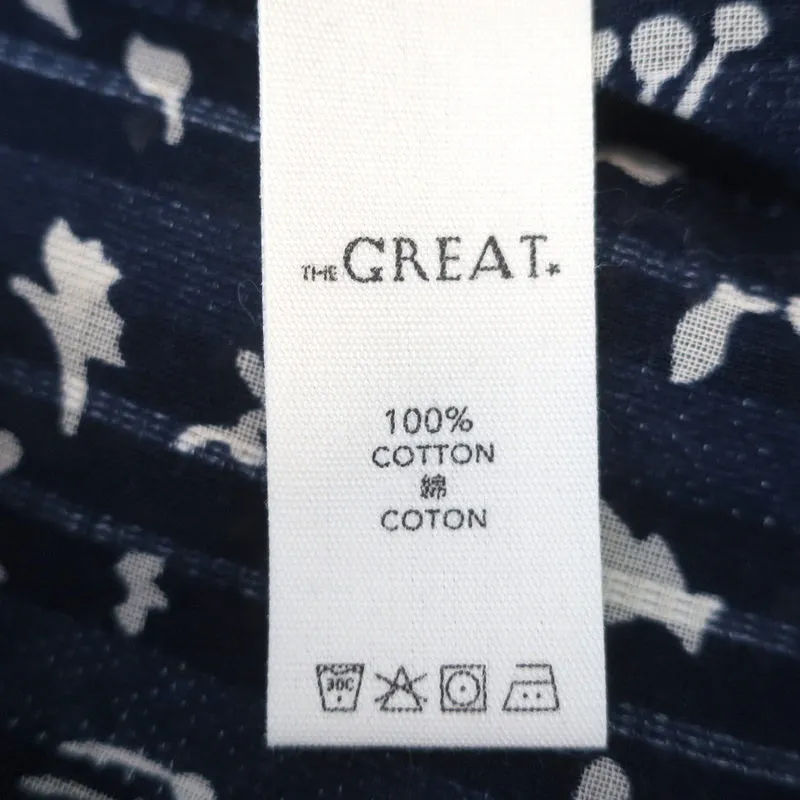 THE GREAT Top Perch Navy Printed Cotton Size 1 Ruffle-Trim 3/4 Sleeve Blouse