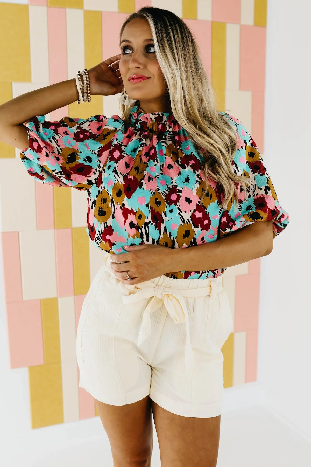 The Mikayla Puff Button Back Watercolor Print Blouse - FINAL SALE