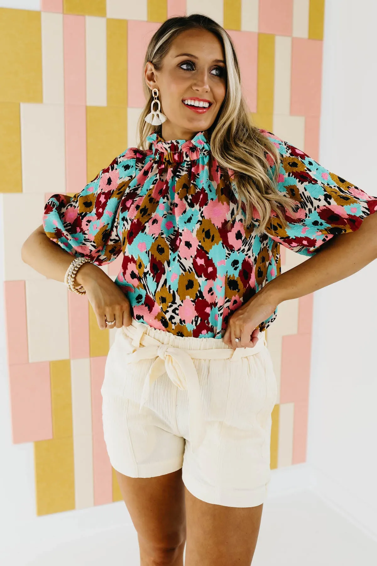 The Mikayla Puff Button Back Watercolor Print Blouse - FINAL SALE