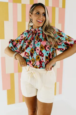 The Mikayla Puff Button Back Watercolor Print Blouse - FINAL SALE