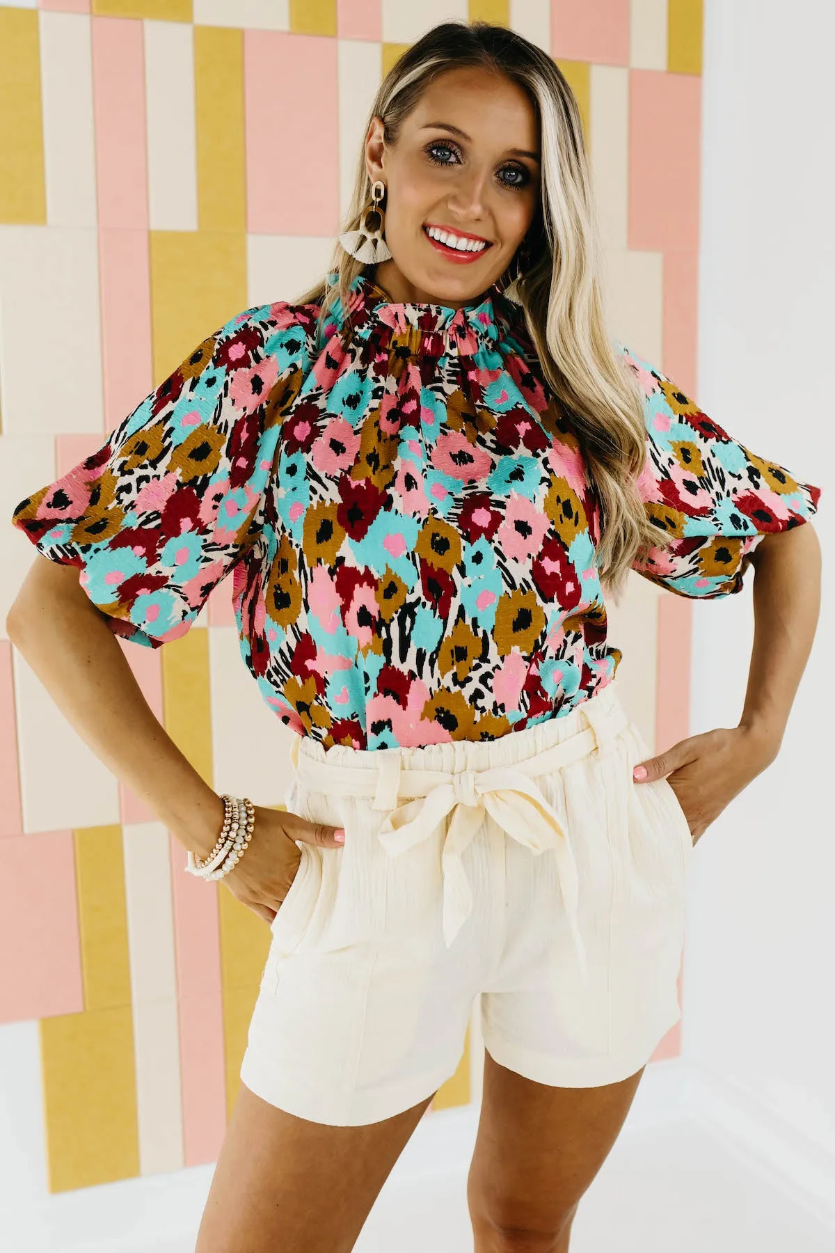 The Mikayla Puff Button Back Watercolor Print Blouse - FINAL SALE
