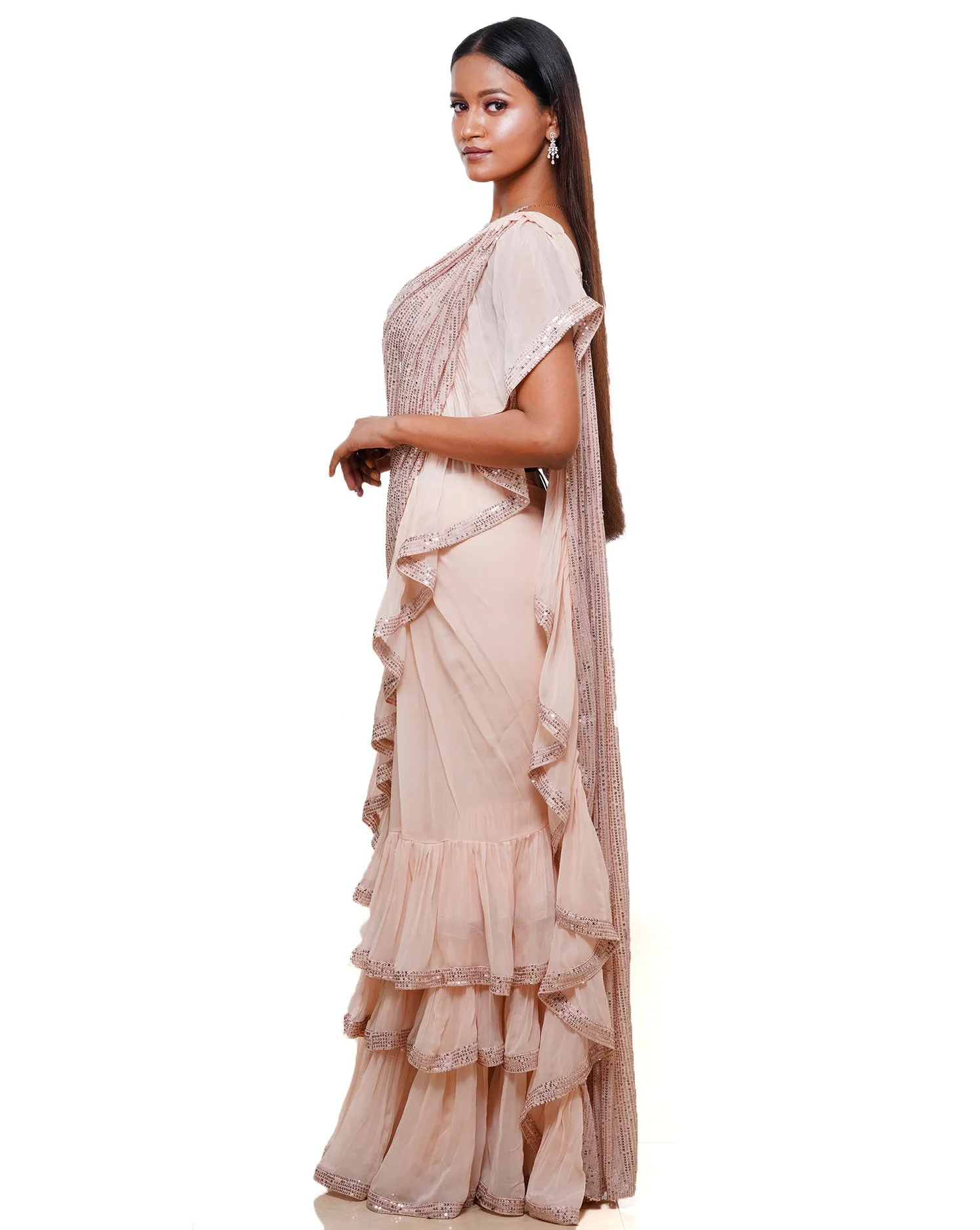 The Shimmering Pink Ruffle Sari
