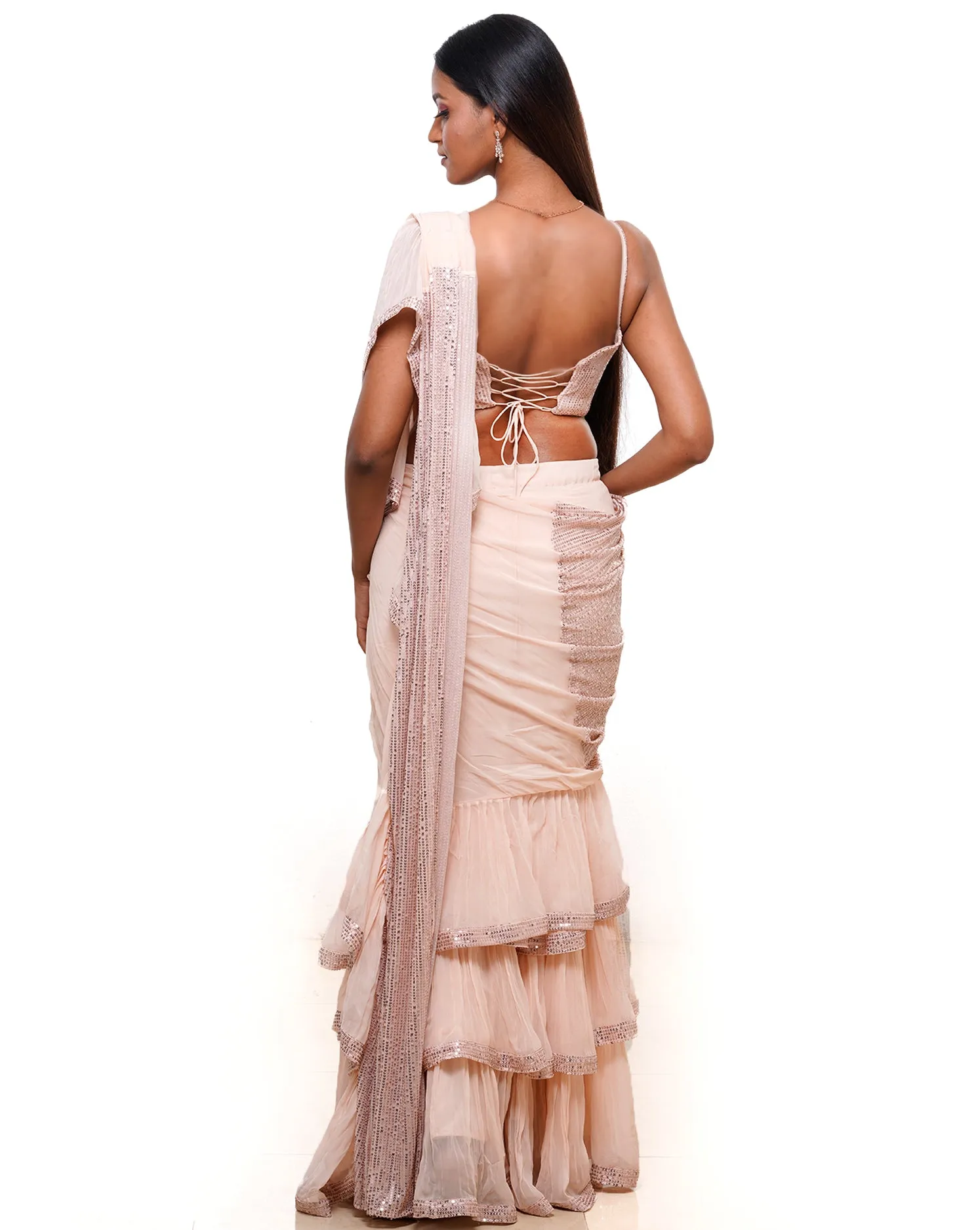 The Shimmering Pink Ruffle Sari