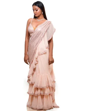 The Shimmering Pink Ruffle Sari