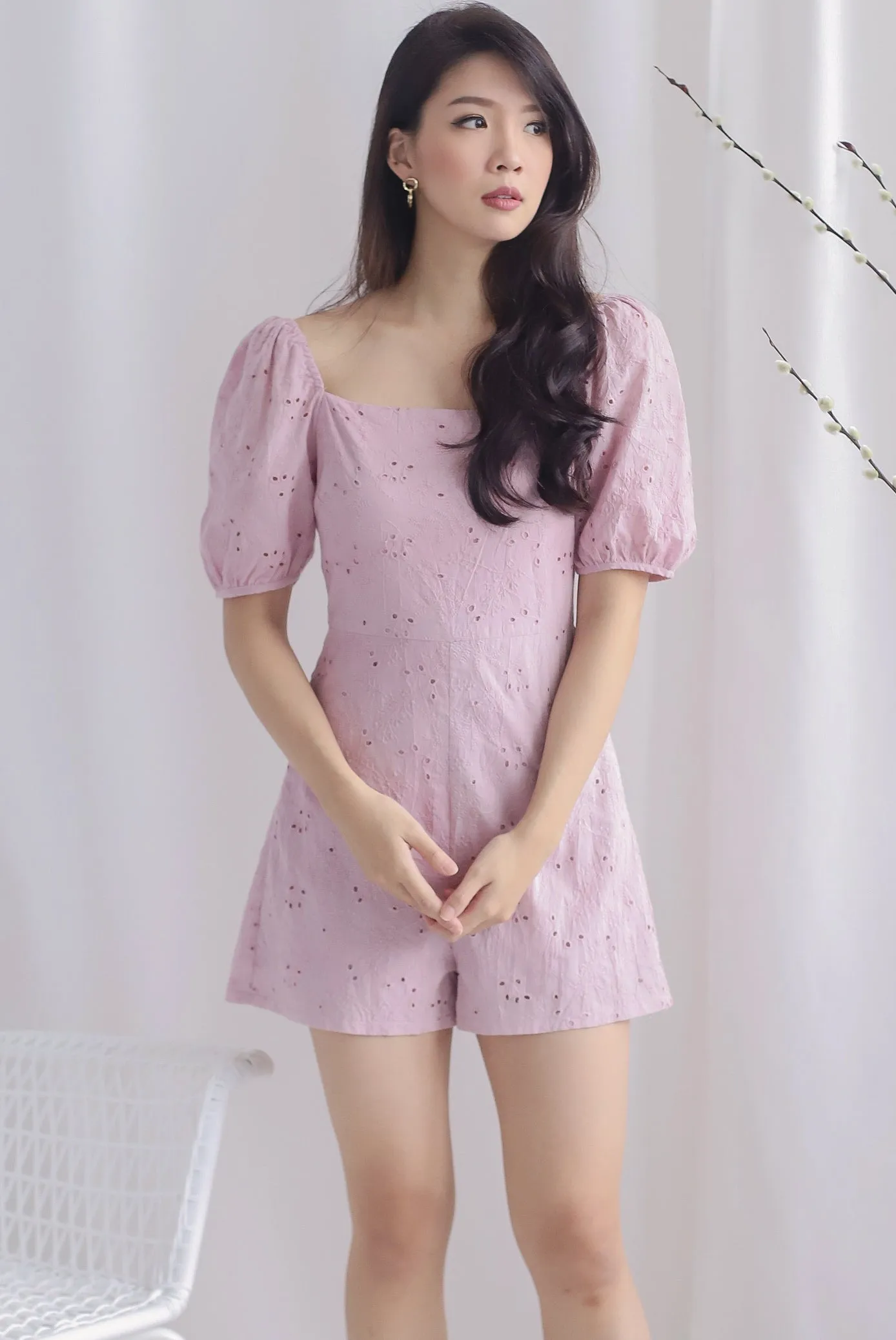 Thelia Eyelet Puffy Sleeve Romper In Blush