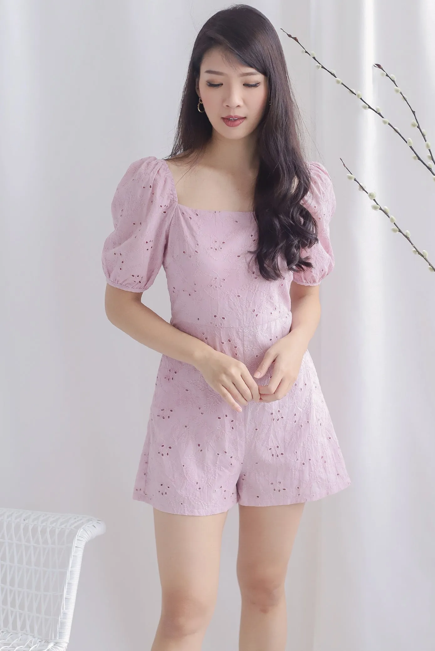 Thelia Eyelet Puffy Sleeve Romper In Blush