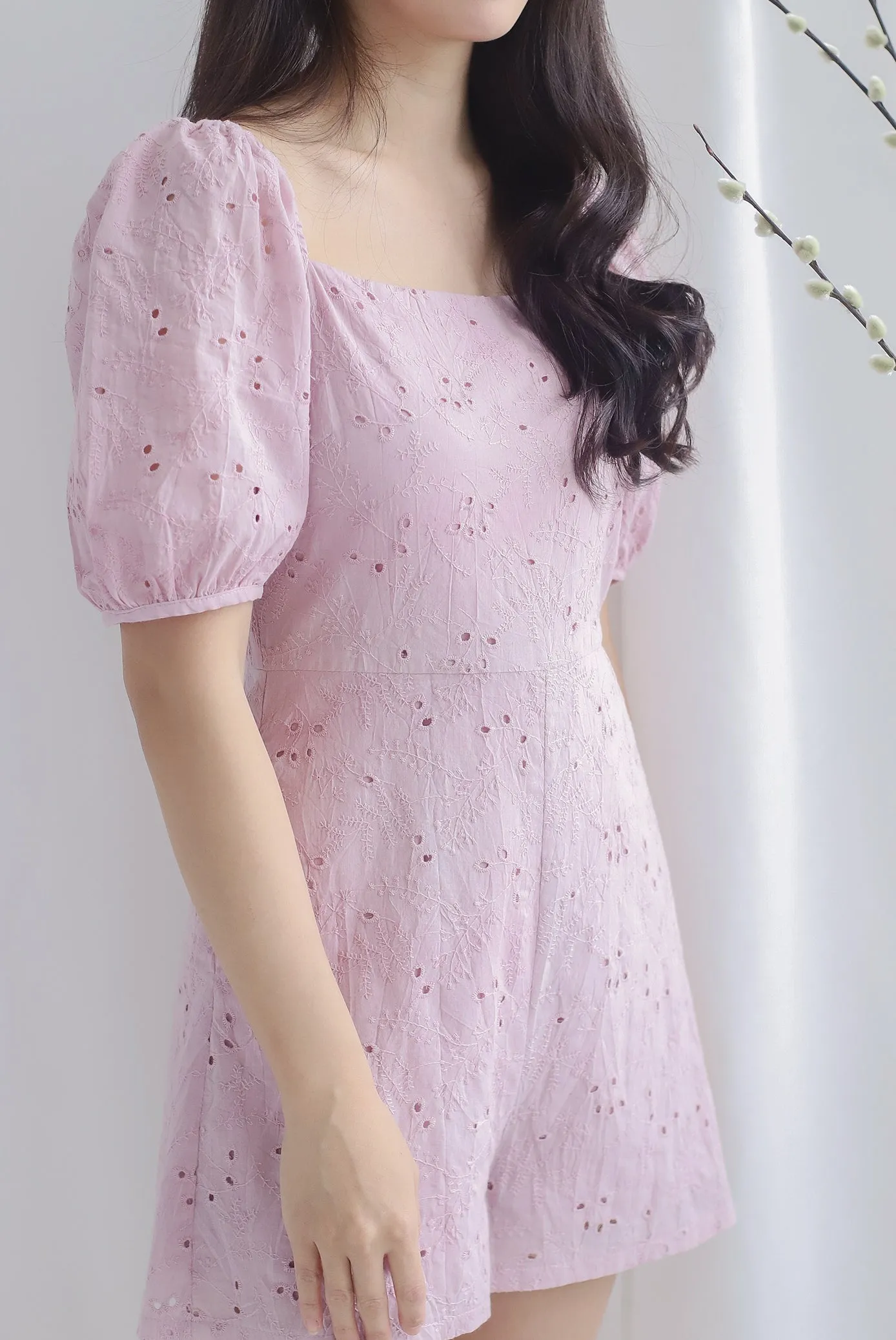 Thelia Eyelet Puffy Sleeve Romper In Blush