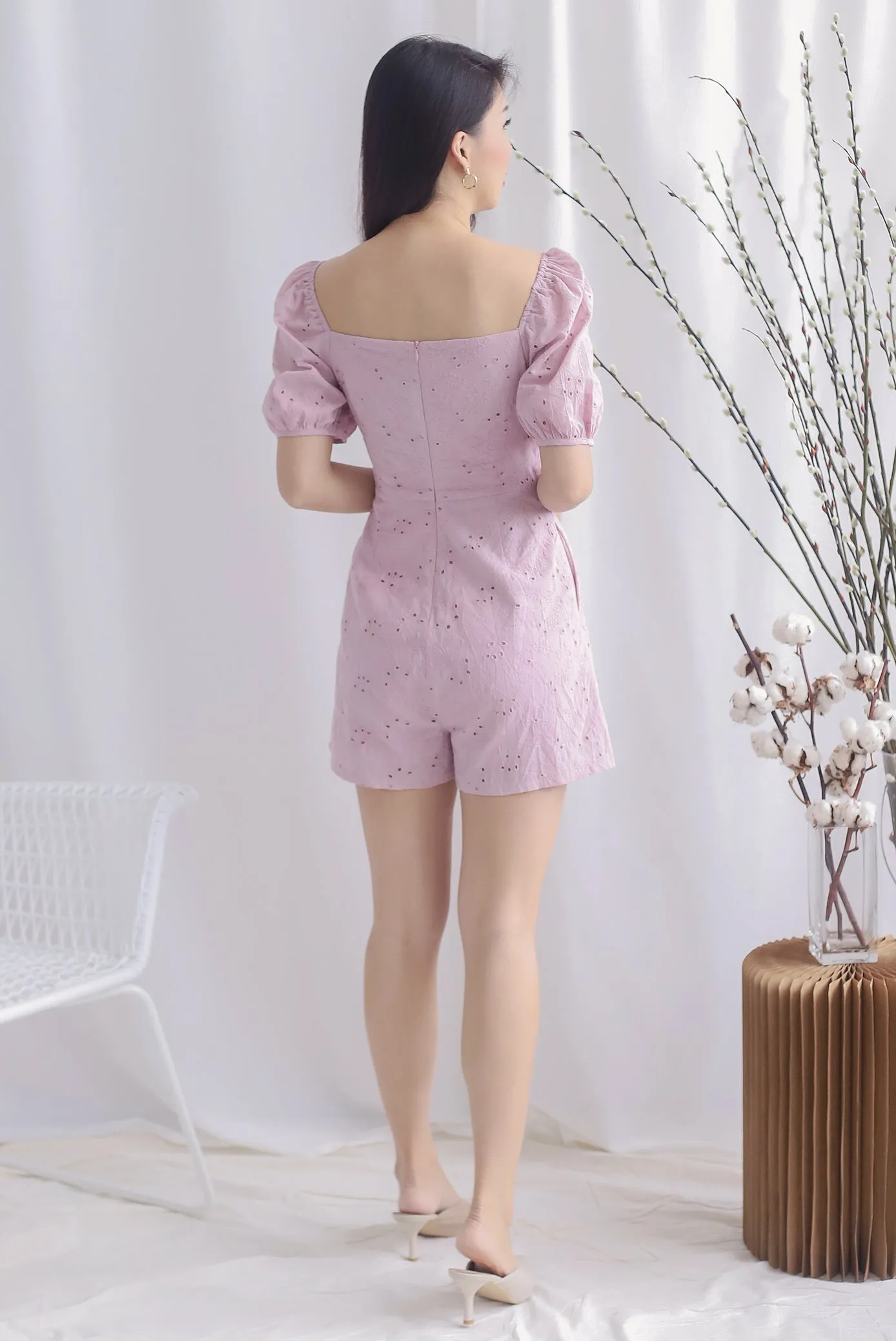 Thelia Eyelet Puffy Sleeve Romper In Blush