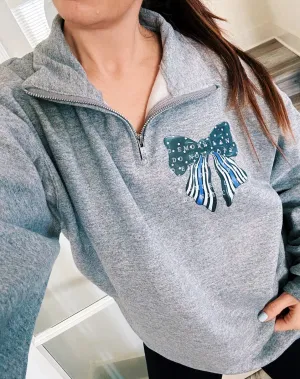 Thin Line Coquette Bow © Pocket Print Unisex Quarter-Zip Sweatshirt (Oxford) // FINAL SALE