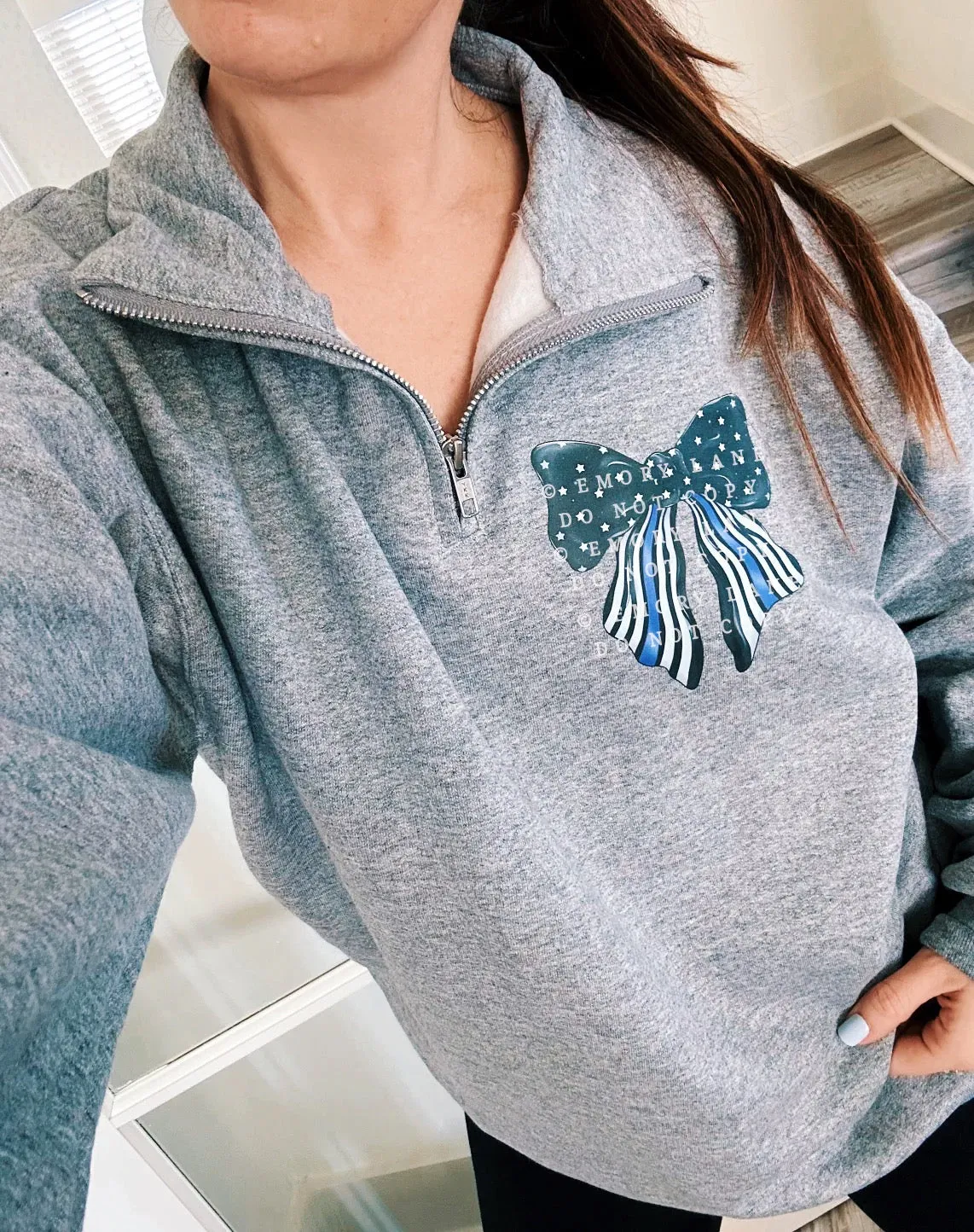 Thin Line Coquette Bow © Pocket Print Unisex Quarter-Zip Sweatshirt (Oxford) // FINAL SALE