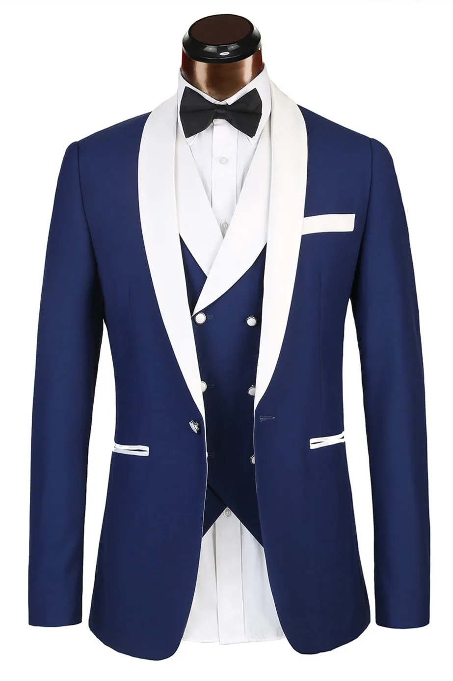 Three-piece Well-cut White Lapel Edge Banding Formal Blue Men Suit For Wedding