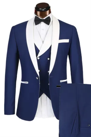 Three-piece Well-cut White Lapel Edge Banding Formal Blue Men Suit For Wedding