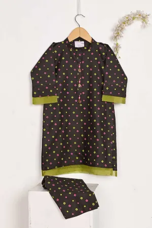 TKF-96-Brown - Kids 2Pc Cotton Printed Dress With Cotton Printed Trouser