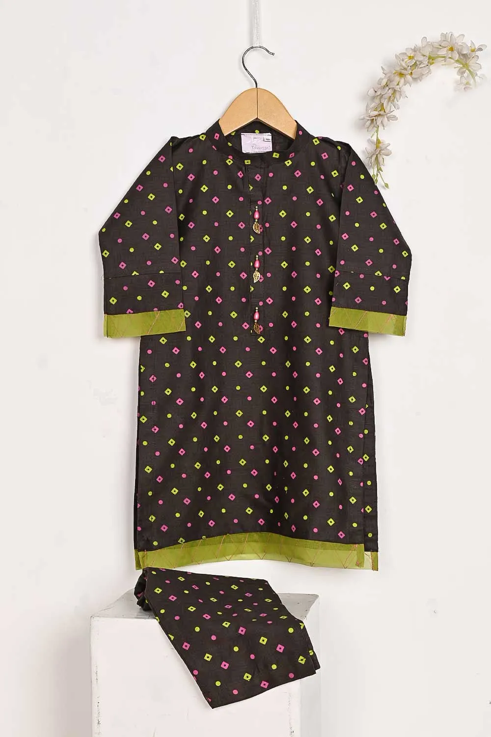 TKF-96-Brown - Kids 2Pc Cotton Printed Dress With Cotton Printed Trouser