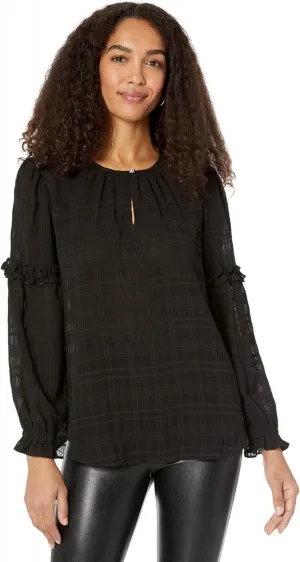 Tommy Hilfiger Keyhole Blouse with Ruffle Blouse Party Puckered Plaid / Black S