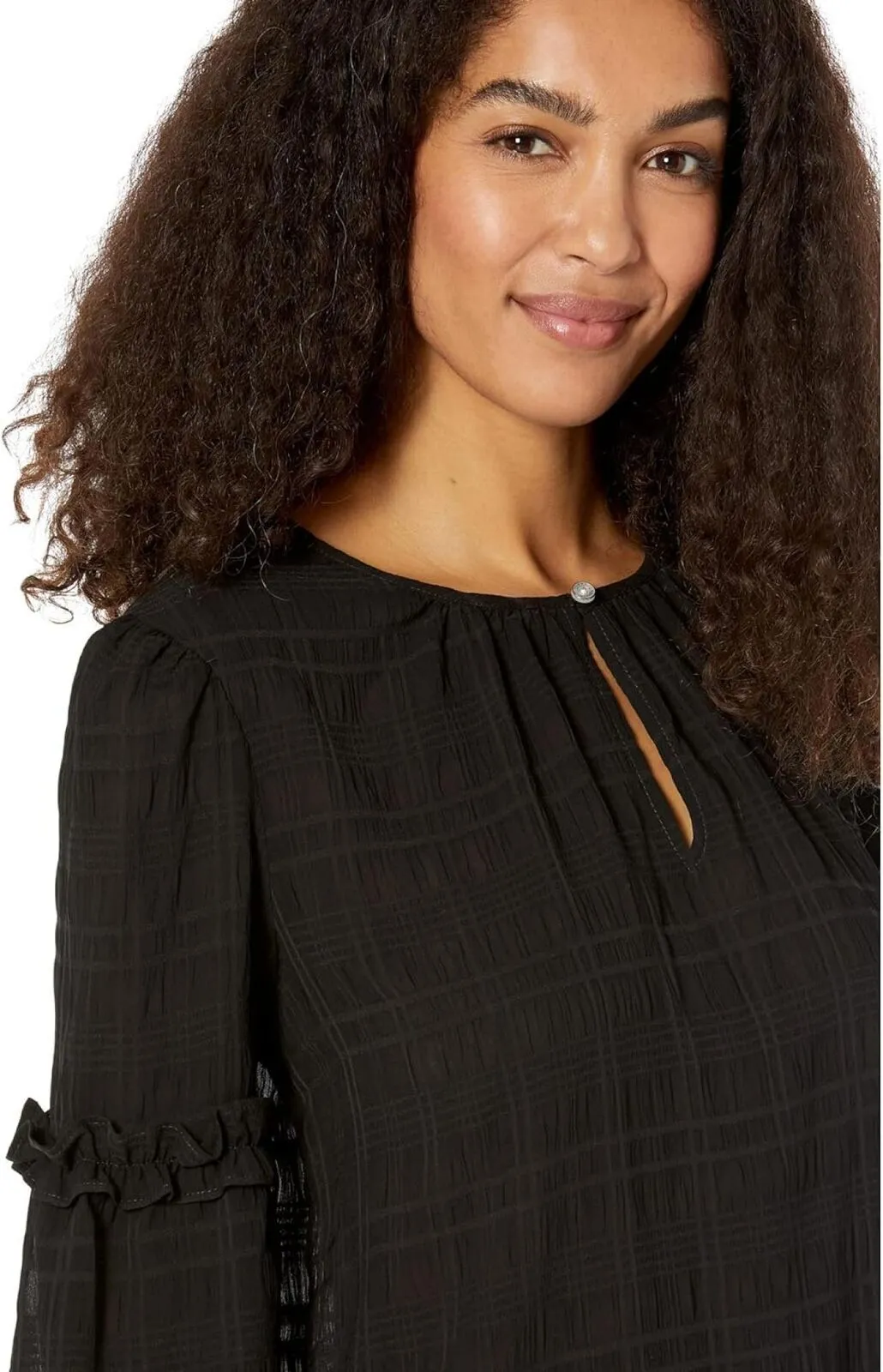 Tommy Hilfiger Keyhole Blouse with Ruffle Blouse Party Puckered Plaid / Black S