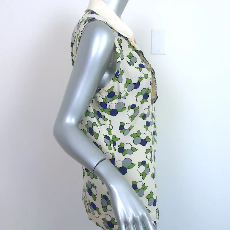 Tory Burch Collared Ruffle Top Cream Printed Silk Size 10 Sleeveless Blouse