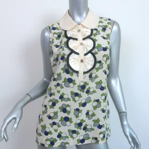 Tory Burch Collared Ruffle Top Cream Printed Silk Size 10 Sleeveless Blouse