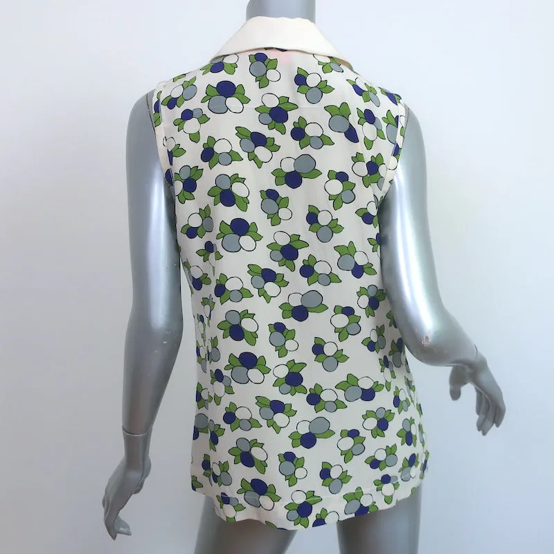 Tory Burch Collared Ruffle Top Cream Printed Silk Size 10 Sleeveless Blouse