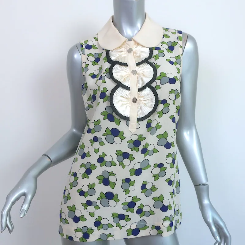 Tory Burch Collared Ruffle Top Cream Printed Silk Size 10 Sleeveless Blouse