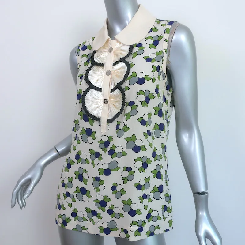 Tory Burch Collared Ruffle Top Cream Printed Silk Size 10 Sleeveless Blouse
