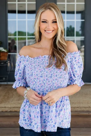 Tossing Petals Smocked Blouse- Blue