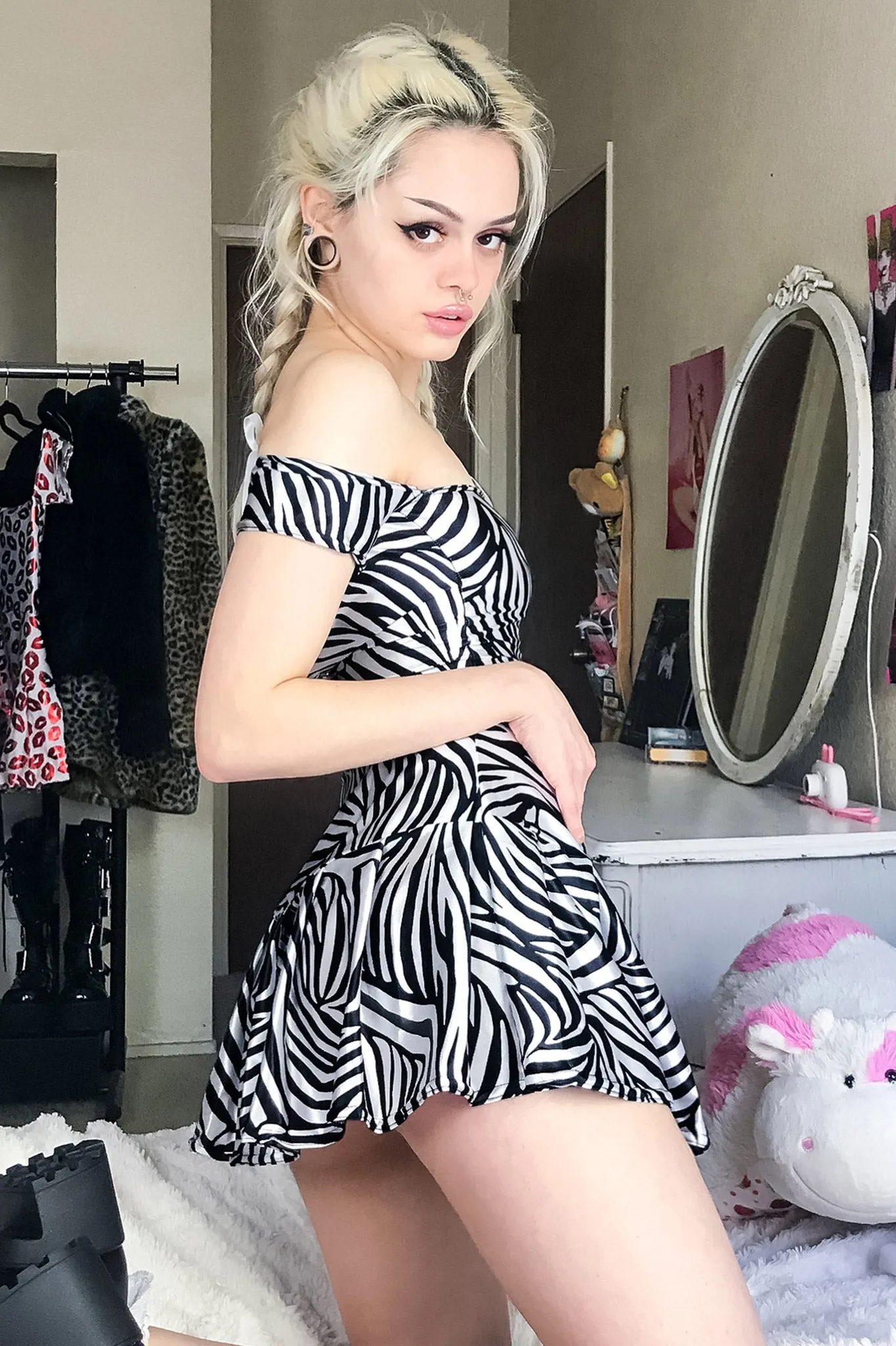 Train Supreme Zebra Off Shoulder Skater Dress