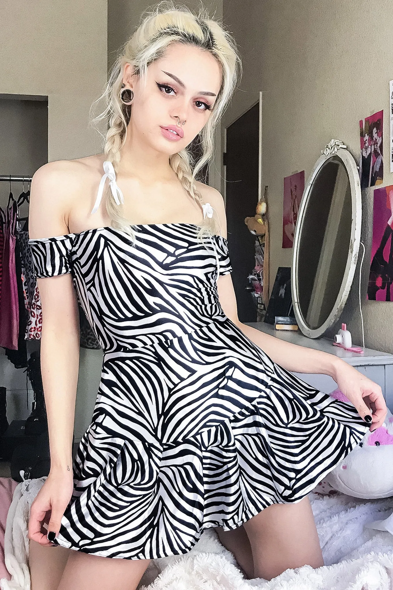 Train Supreme Zebra Off Shoulder Skater Dress