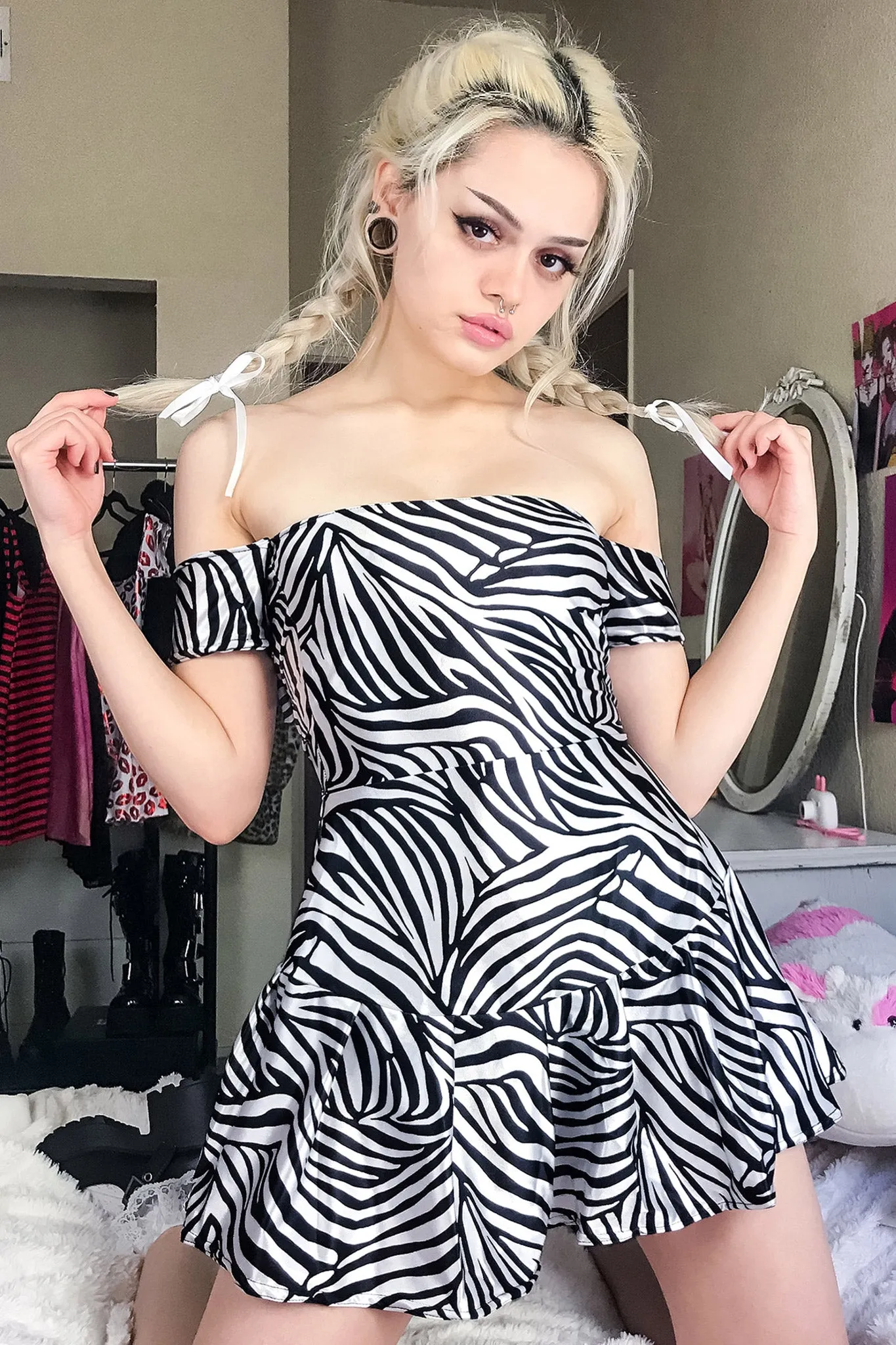 Train Supreme Zebra Off Shoulder Skater Dress