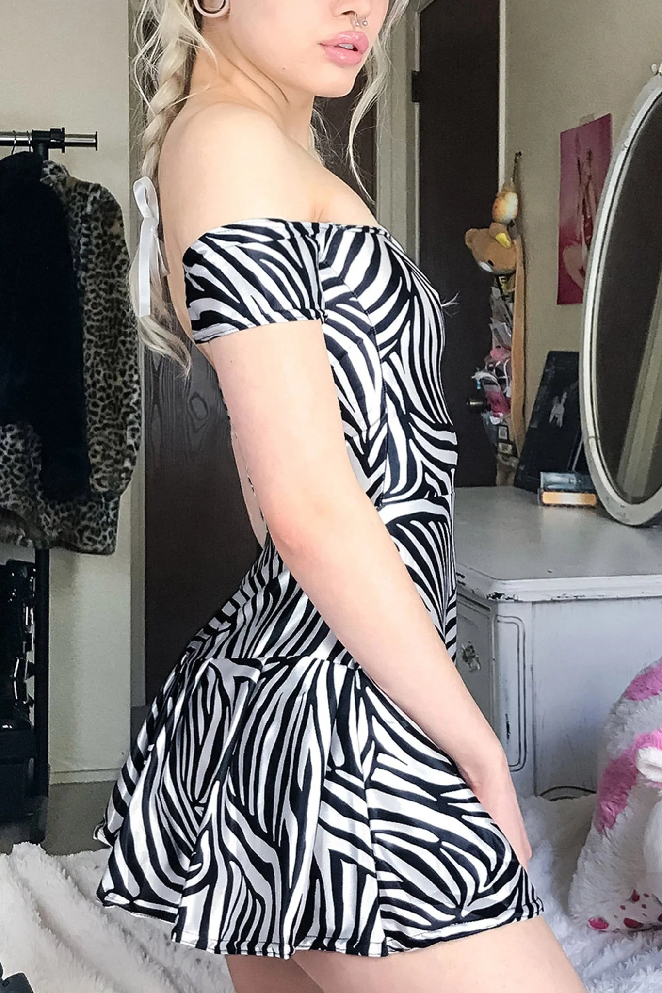 Train Supreme Zebra Off Shoulder Skater Dress