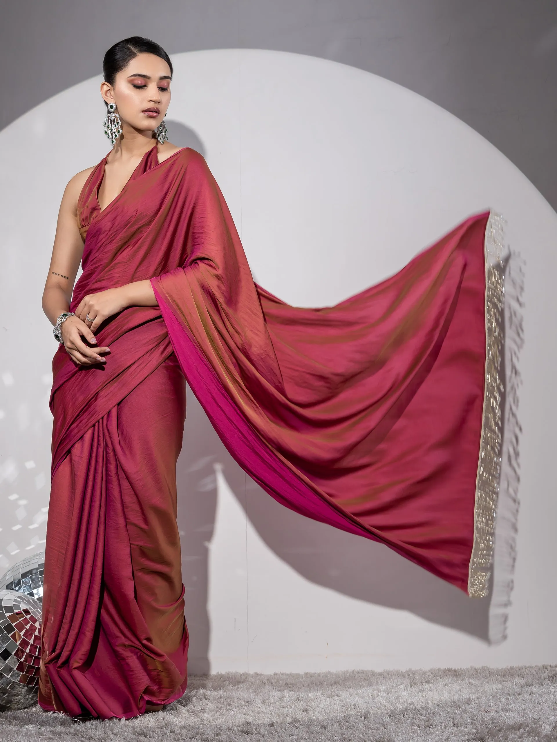 Treasure Paradise Satin Saree with Long Beads and Blouse Fabric