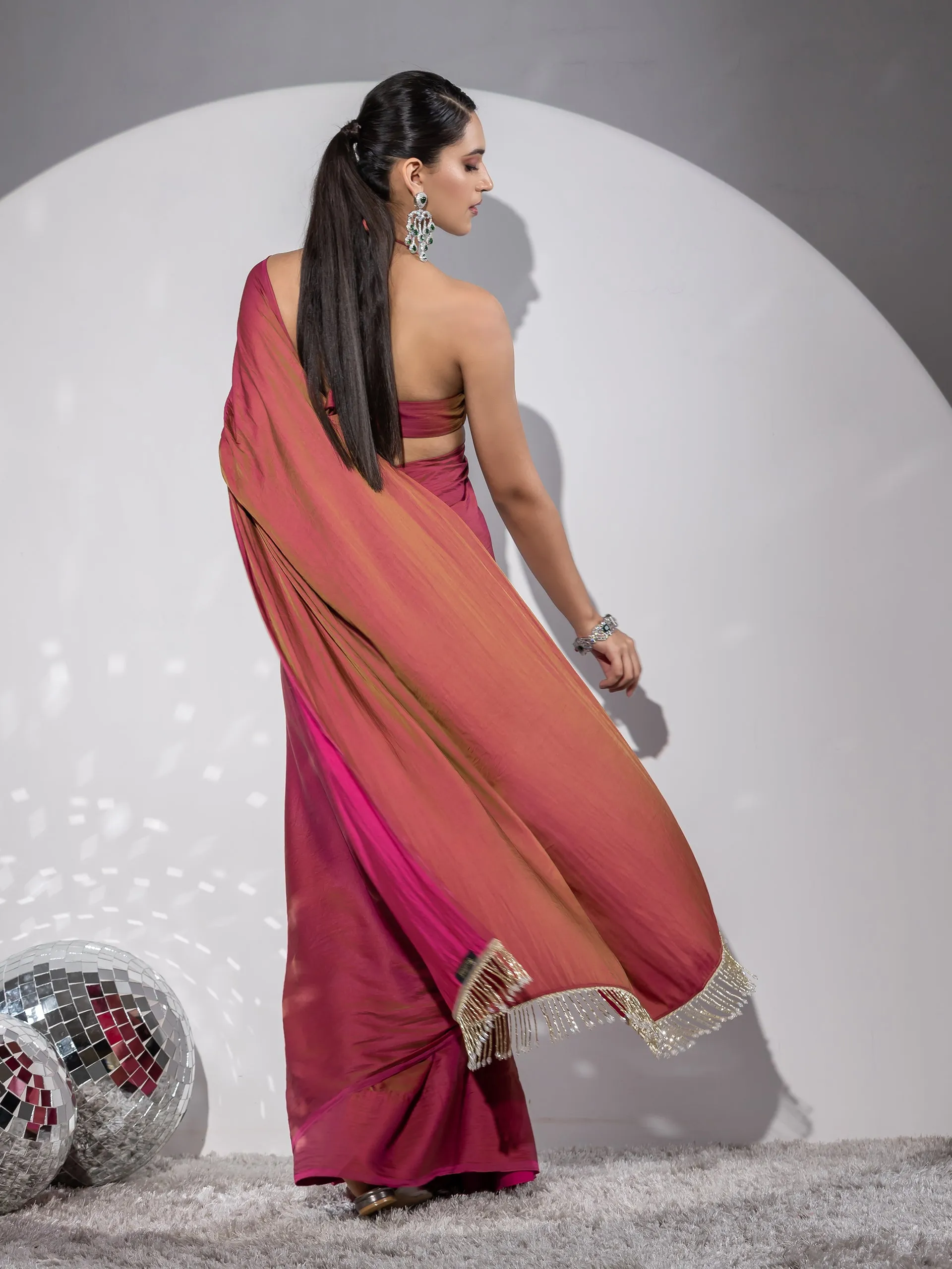 Treasure Paradise Satin Saree with Long Beads and Blouse Fabric