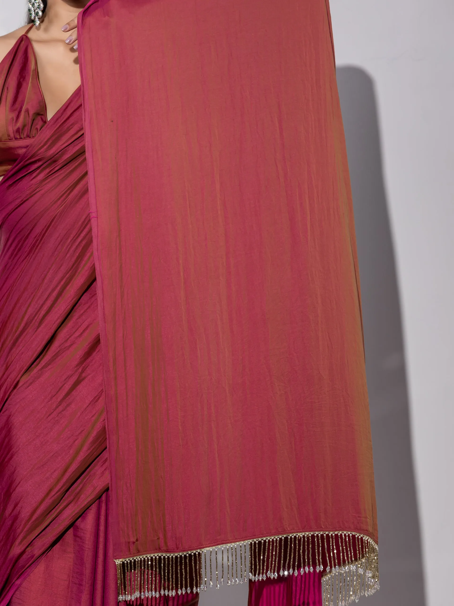 Treasure Paradise Satin Saree with Long Beads and Blouse Fabric