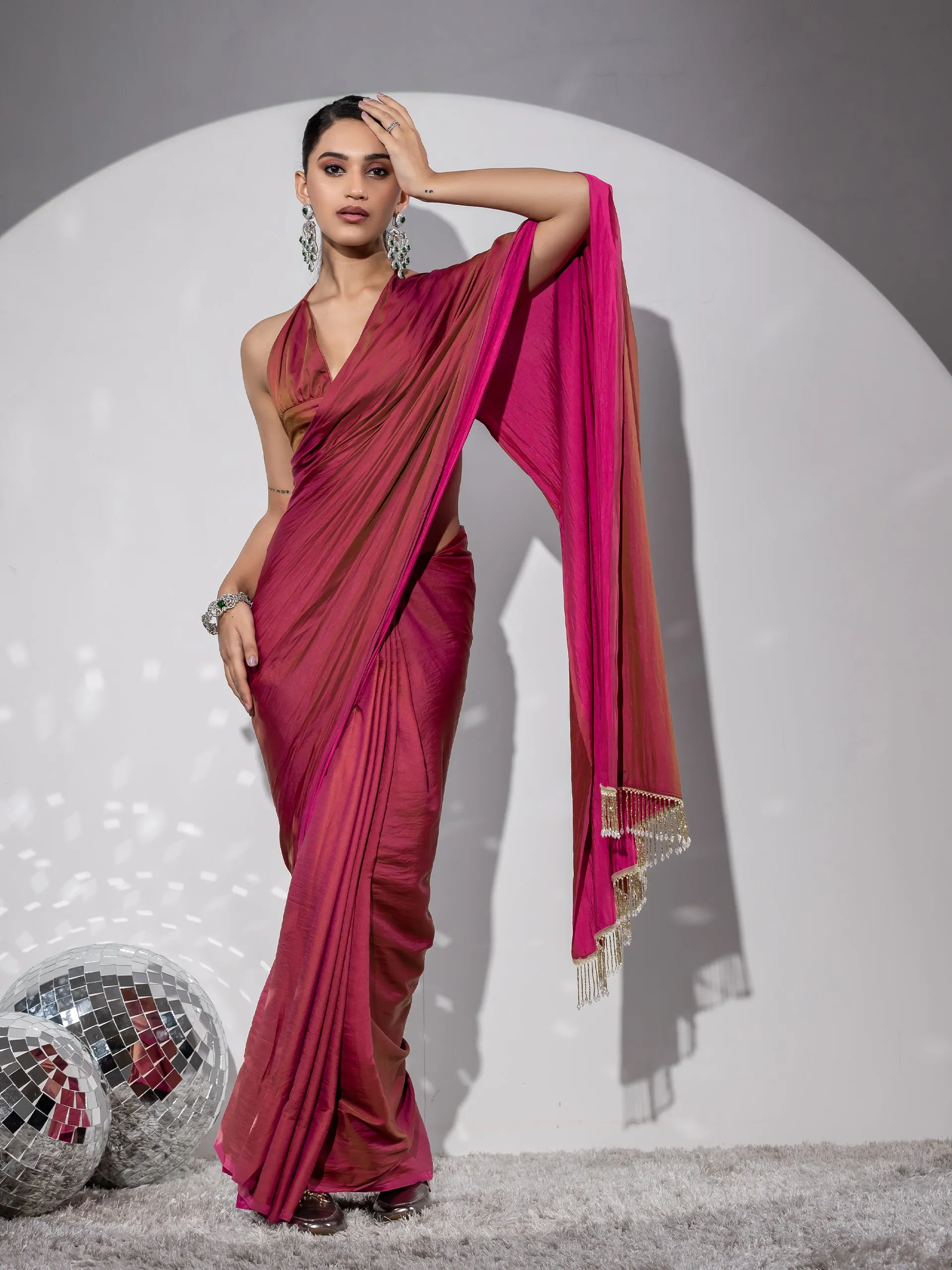 Treasure Paradise Satin Saree with Long Beads and Blouse Fabric