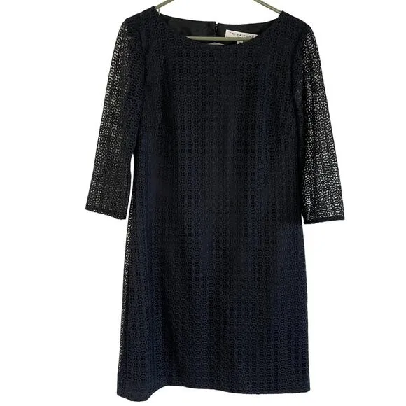 Trina Turk Lace Black Open Back Sheath Dress 3/4 Long Sleeves Womens size 8