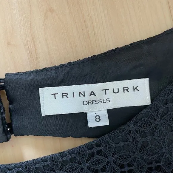 Trina Turk Lace Black Open Back Sheath Dress 3/4 Long Sleeves Womens size 8