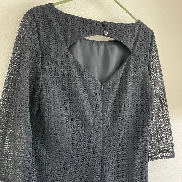 Trina Turk Lace Black Open Back Sheath Dress 3/4 Long Sleeves Womens size 8