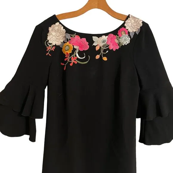 Trina Turk Sz 4 Embroidered Florals Black Lined Dress Tiered Flared 3/4 Sleeves
