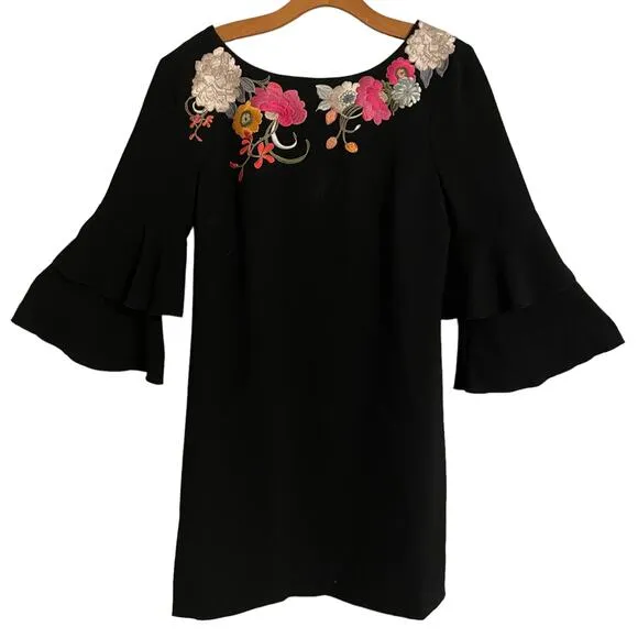 Trina Turk Sz 4 Embroidered Florals Black Lined Dress Tiered Flared 3/4 Sleeves